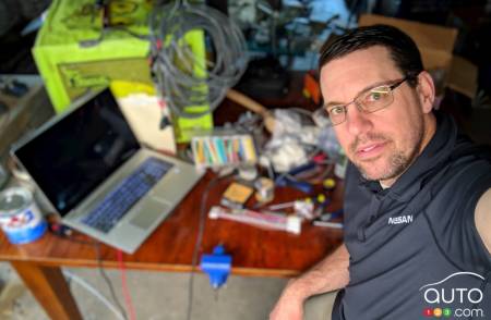Jeremy Chambers, Nissan Technical Centre North America, with wire harness equipment at home